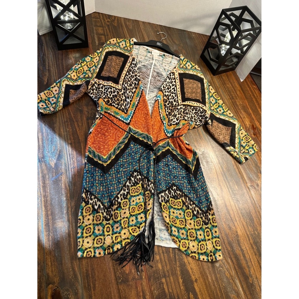 Chico's Kimono Duster Cardigan Patterned Fringed Bohemian Size 1‎ US Medium